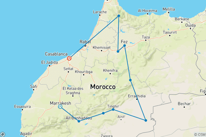 Mapa de 6 días de viaje por Marruecos De Marrakech a Chefchaouen pasando por el desierto del Sáhara y Fez