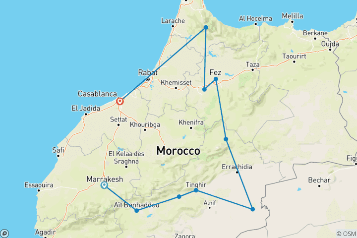 Map of 6 Days Morocco tour from Marrakech To Chefchaouen Via Sahara Desert & Fes