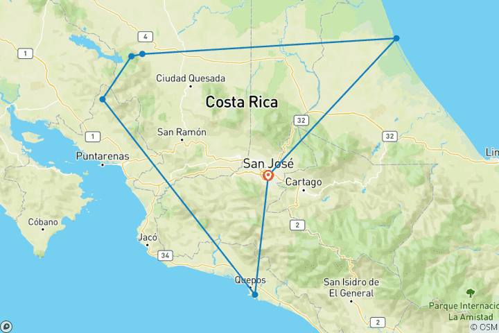 Carte du circuit Vacances privées sur mesure de 11 jours au Costa Rica avec visite de la canopée, étoiles quotidiennes