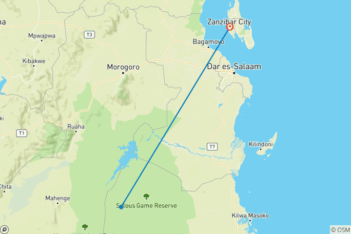 Map of 3 Days Selous tour (Nyerere national park) from Zanzibar