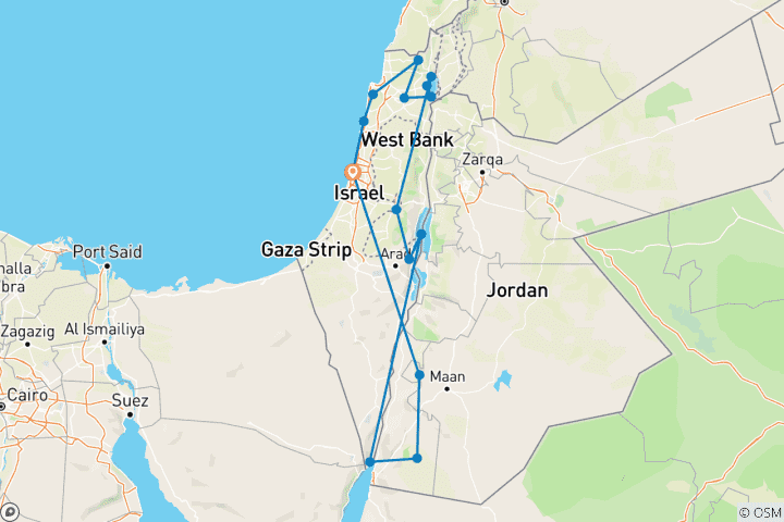 Kaart van 8 Daagse Hoogtepunten van Israël & Jordanië Rondreis Arrangement