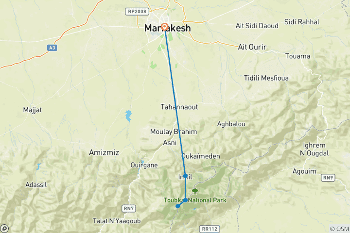 Carte du circuit 4 jours de randonnée dans les montagnes du Toubkal au départ de Marrakech