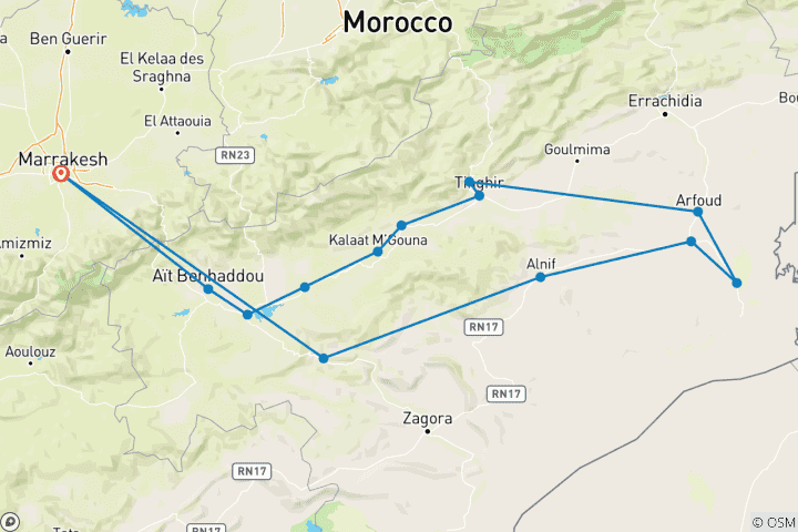 Carte du circuit Marrakech au Sahara en 3 jours ( Luxury Private Tour 4* Hotels)