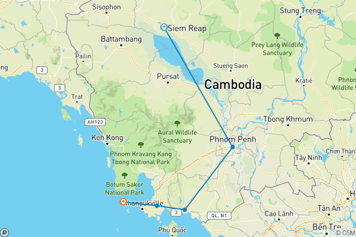 Kaart van Cambodja 8 daagse van Angkor Wat naar Phnom Penh, Kampot en Koh Rong