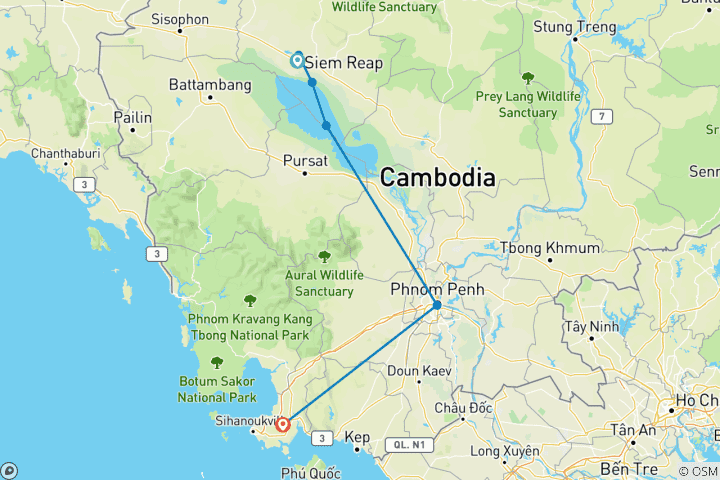 Kaart van Cambodja Avontuur: 7-daagse privéreis langs Angkor tempels, cultuur & kustlijn