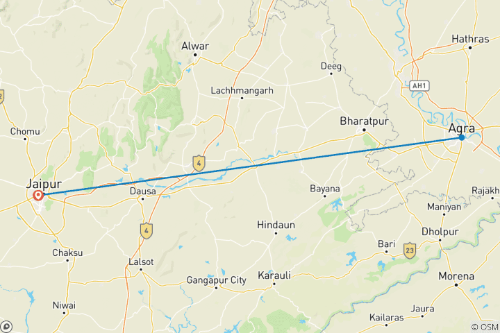 Carte du circuit Circuit au Taj Mahal le jour même au départ de Jaipur