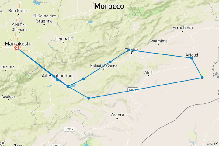 Kaart van 5-daagse luxe Sahara vlucht: Kameeltocht bij zonsondergang, kampvuurwijn & Berbercultuur