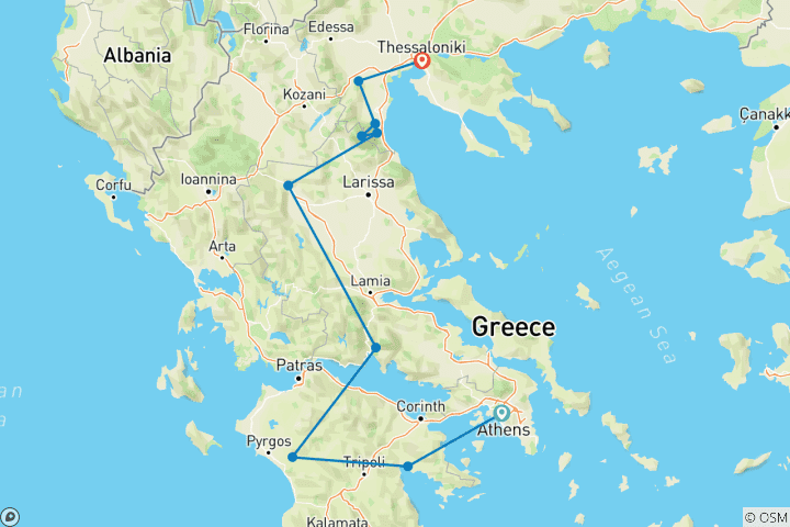 Map of Classic Greece | Athens - Nafplio - Olympia - Meteora - Litohoro - Thessaloniki | 8 Days | Self-Drive