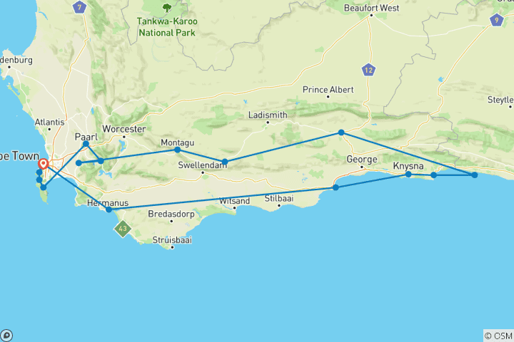 Karte von Ultimative Garden Route & Cape Explorer: 11 Tage voller Schönheit und