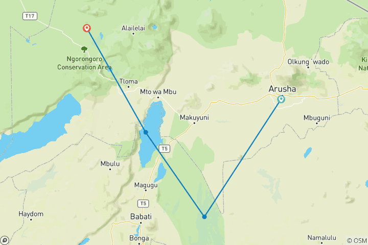 Map of 4 Days north Tanzania safaris