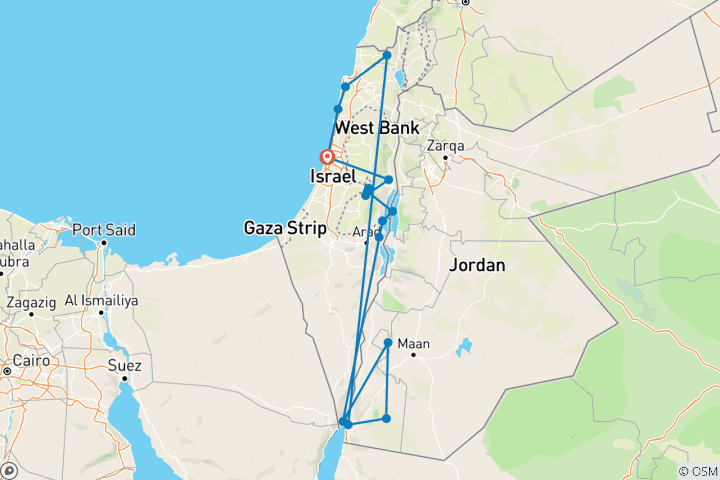 Kaart van 9 Daagse Hoogtepunten van Israël & Jordanië Tourpakket