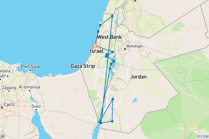 Kaart van 9 Daagse Hoogtepunten van Israël & Jordanië Tourpakket