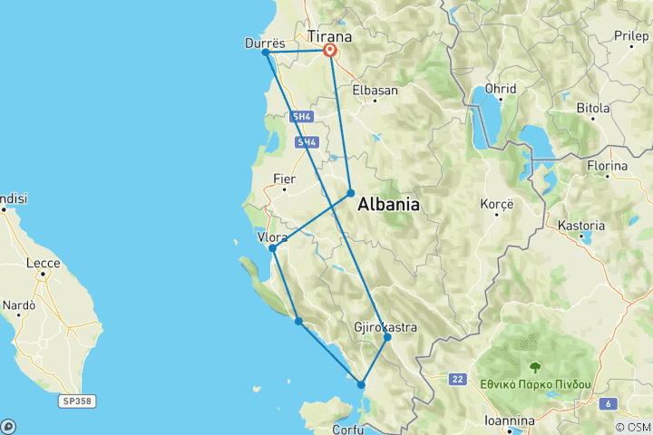 Kaart van 3-daagse tour van Tirana naar het zuiden