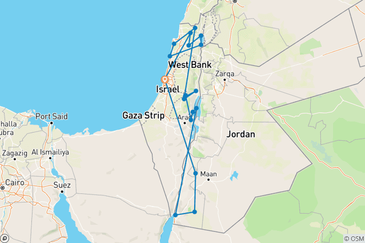 Kaart van 10 Daagse Best of Israël & Jordanië Budget Rondreis Pakket