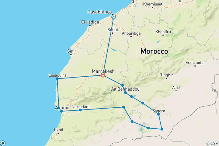 Kaart van 10 Daagse Rondreis Marokko en Woestijnwandelen: Wandelen met Nomaden - Ecotoerisme