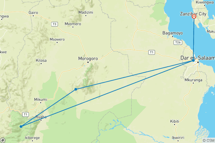 Map of 4 Days Mikumi & Udizungwa National Parks Safari