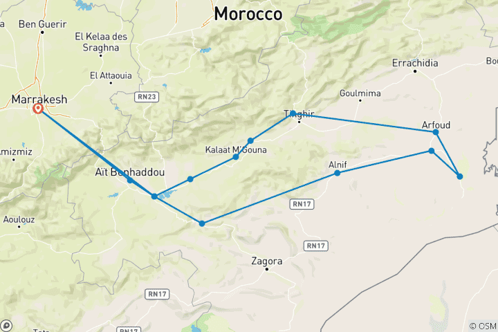 Kaart van Smaak van Marokko - 3 dagen Marrakech naar Sahara-woestijntocht