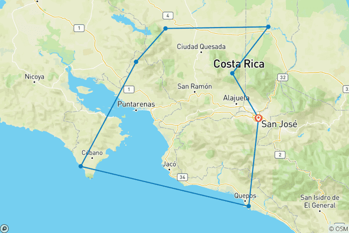 Map of Costa Rica Classic 12 Day - One Life Adventures