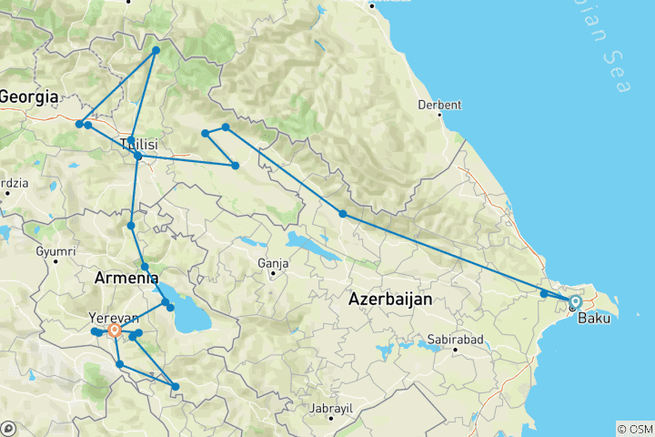 Map of Azerbaijan, Georgia, Armenia Highlighs 14 days