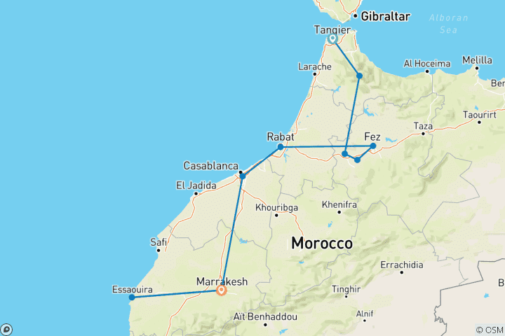 Carte du circuit Aventure marocaine privée : Tanger, Chefchaouen, Fès, Essaouira et Marrakech