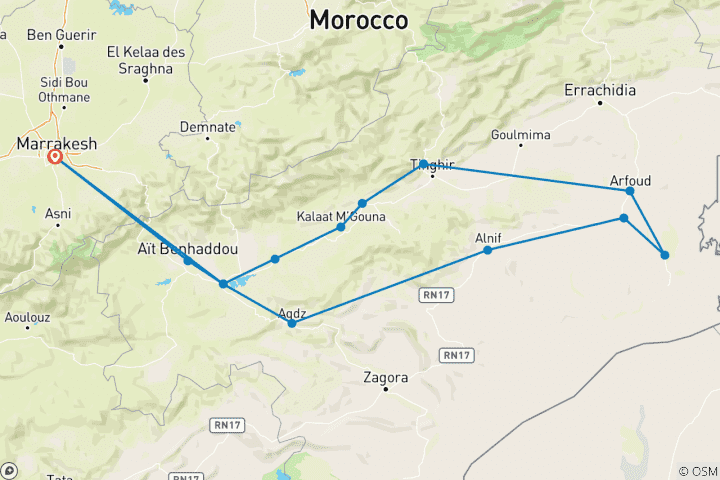Kaart van Sahara Ontsnappen: 7-daagse reis door Marokko