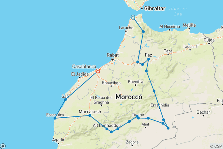 Map of From Tangier to Casablanca, via Chefchoune, Fes, Desert and Marrakesh. (Private 4* hotels)