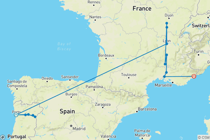 Kaart van Ontdek de rivieren van Frankrijk & Portugal 2025|2026 - 15 Dagen (van Porto naar Nice)