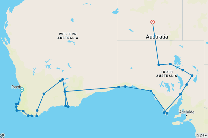 Karte von Perth nach Alice Springs Überland