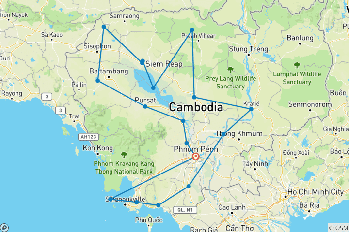 Kaart van Het beste van Cambodja 15 Daagse Tour