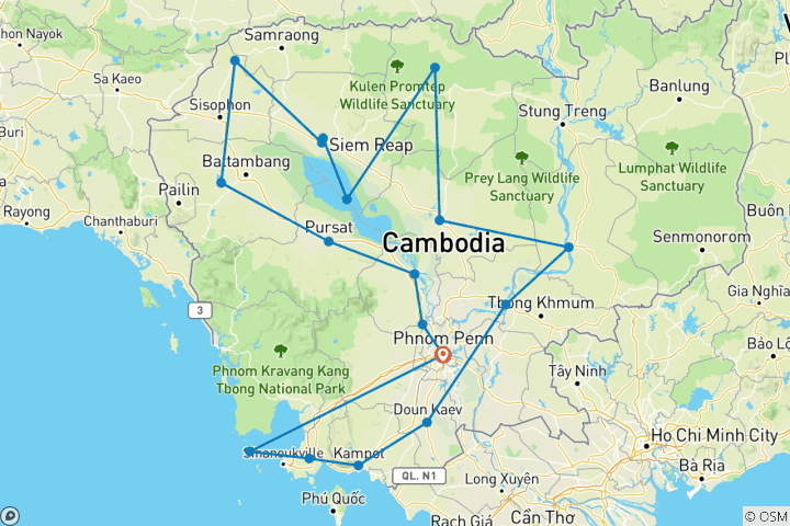 Karte von Das Beste von Kambodscha: 15-tägige Grand Tour durch Kultur, Natur und Küste