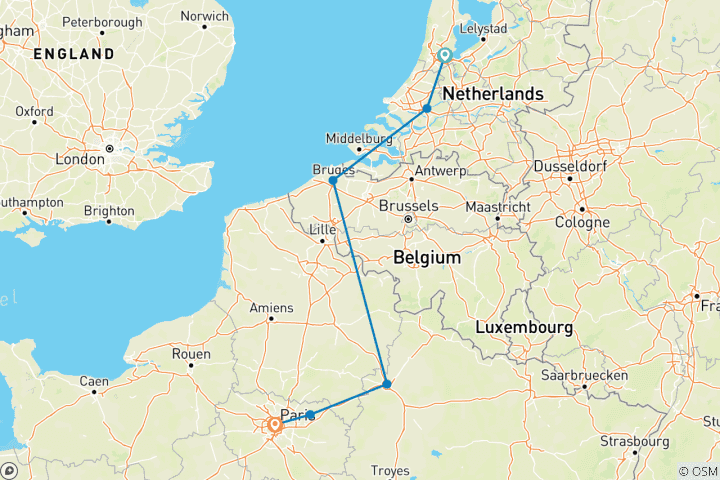 Map of Canals, Champagne & Culture: A Journey through the Netherlands, Belgium & France  (Amsterdam to Paris) (2025)