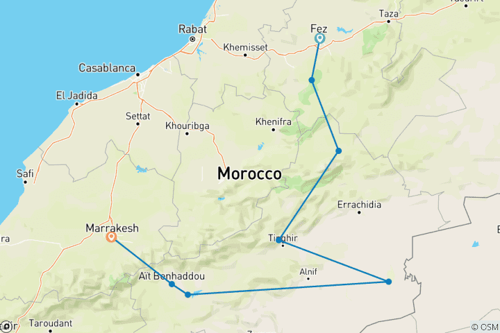 Carte du circuit 5J/4N Circuit privé dans le désert de Fès à Marrakech