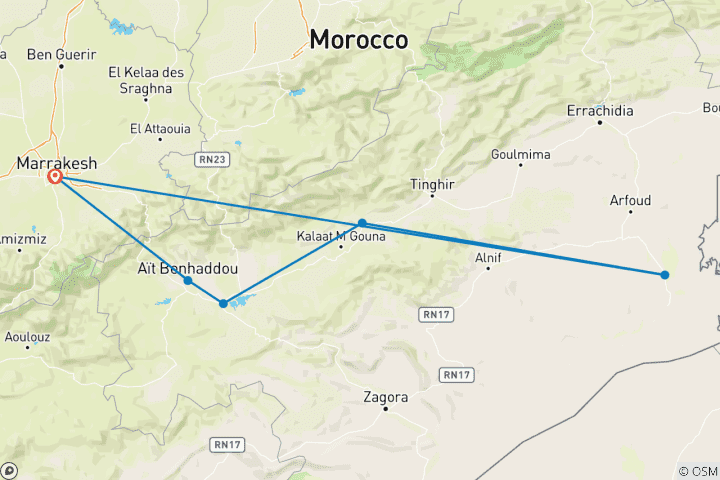 Map of 3D/2N Private Desert Tours from Marrakech to Marrakech