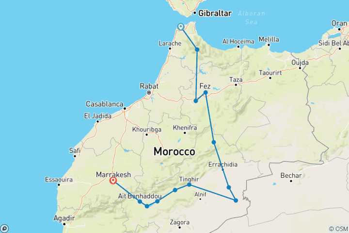 Map of 10 Days Private Tour from Tangier to Marrakech by Fes and Sahara desert