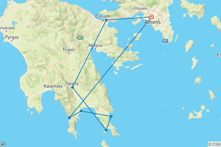 Map of South Peloponnese Guided E-Bike Tour: Areopoli, Monemvasia, Elafonisos, Diros Caves & Mystras
