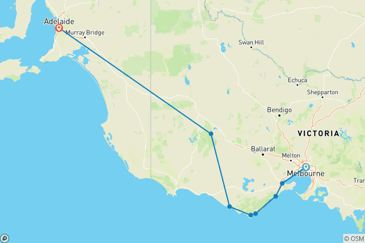 Carte du circuit Voyage de 2 jours de Melbourne à Adélaïde par voie terrestre