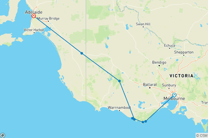 Carte du circuit Circuit de 2 jours de Melbourne à Adélaïde - via la Great Ocean Road et les Grampians