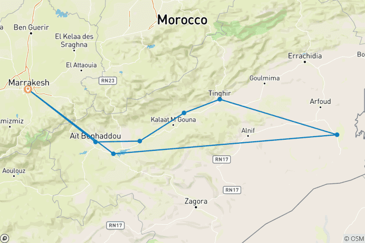 Map of 5 Days Marrakech and Sahara Experience (Student Package)