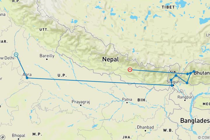 Map of 16 days India - Bhutan - Nepal: Taj Mahal-mountain monasteries-temple scenery of the Himalayas