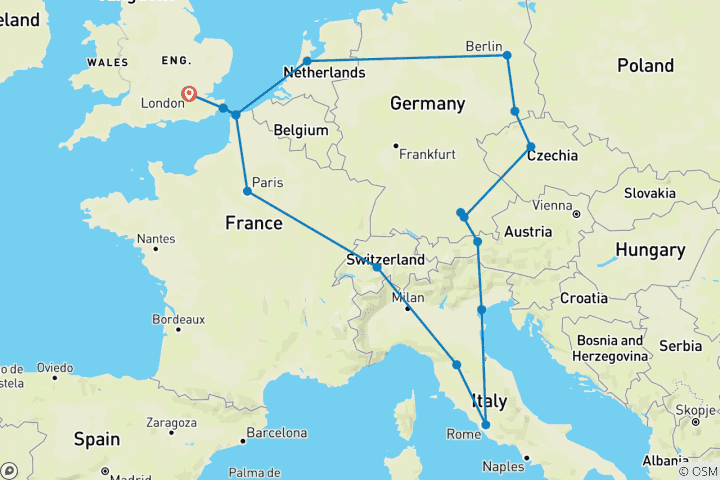 Carte du circuit Tourbillon européen (Standard, Départ Amsterdam, Gap, 19 jours)