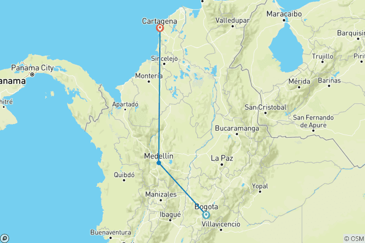 Carte du circuit Circuit privé à petit budget : Bogota, Medellín et Carthagène avec vols intérieurs et départs quotidiens confirmés (9 jours, 8 nuits)