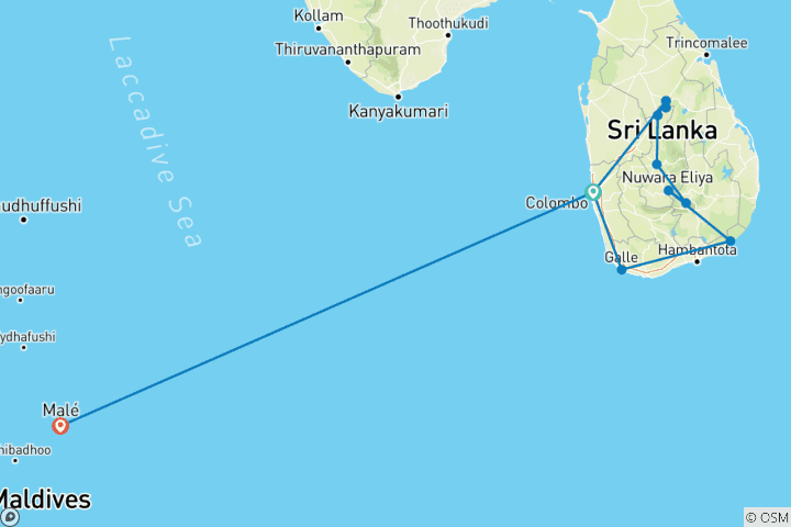 Mapa de Viaje de ida y vuelta a Sri Lanka y Maldivas (vuelo incluido)