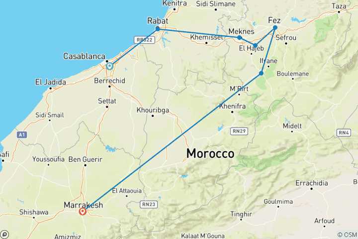 Carte du circuit Circuit de 7 jours incluant Fès, Meknès, Marrakech, Casablanca et Rabat (Privé)