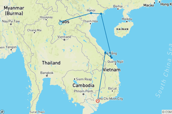 Kaart van Gezichten van Indochina: 12 dagen in Laos en Vietnam. Optioneel met strandvakantie