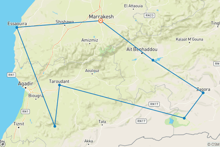 Carte du circuit Circuit de 11 jours dans le Grand Sud Marocain au départ de Marrakech