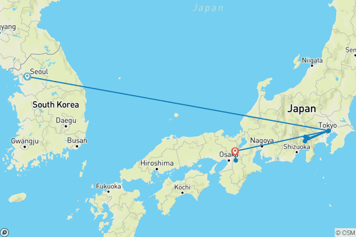 Map of 10 Day Highlights of South Korea & Japan Package Tour