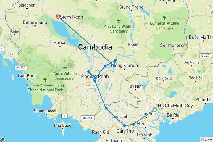 Kaart van Kronkelen langs de Mekong 2025|2026 - 10 Dagen (van Ho Chi Minh Stad naar Siem Reap)