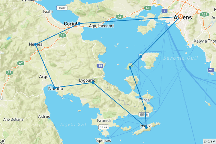 Map of Island Hopping Guided E-Bike Tour: Aegina, Agistri, Poros, Hydra, Epidavros, Nemea, Nafplio