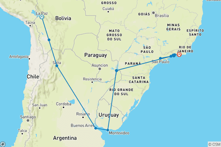 Carte du circuit De la Bolivie au Brésil (16 destinations)