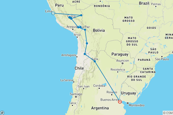 Map of Epic Peru, Bolivia & Argentina (36 destinations)